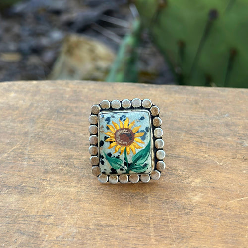 Sunflower Adjustable Ring - Dalmatian Jasper