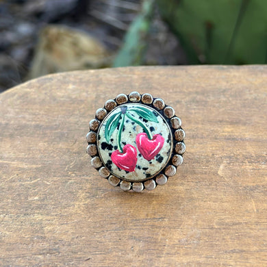Heart Cherries Adjustable Ring - dalmatian jasper